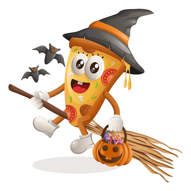 Cute pizza mascot witch with holding halloween pumpkin