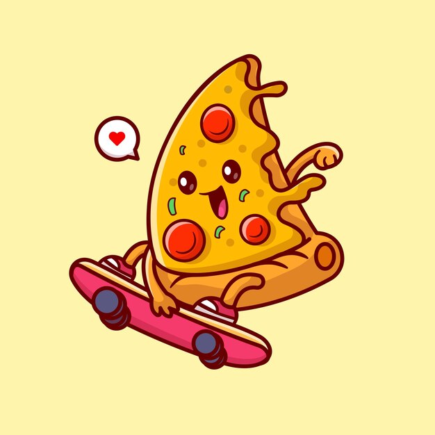 Vector cute pizza melted playing skateboard cartoon vector icon illustration. food sport icon isolated flat