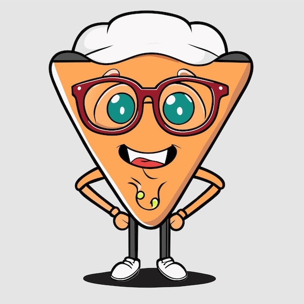 Vector cute pizza slice wearing glasses with thumbs up cartoon vector icon illustration