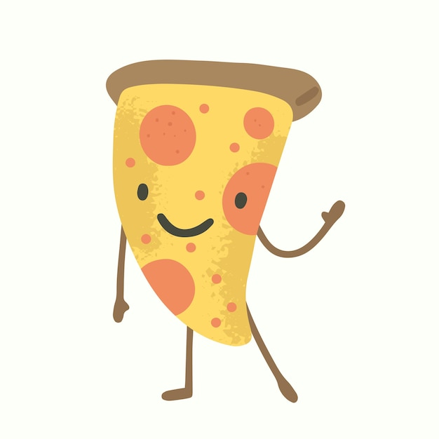 Cute pizza with face waving hand. Postcard with character