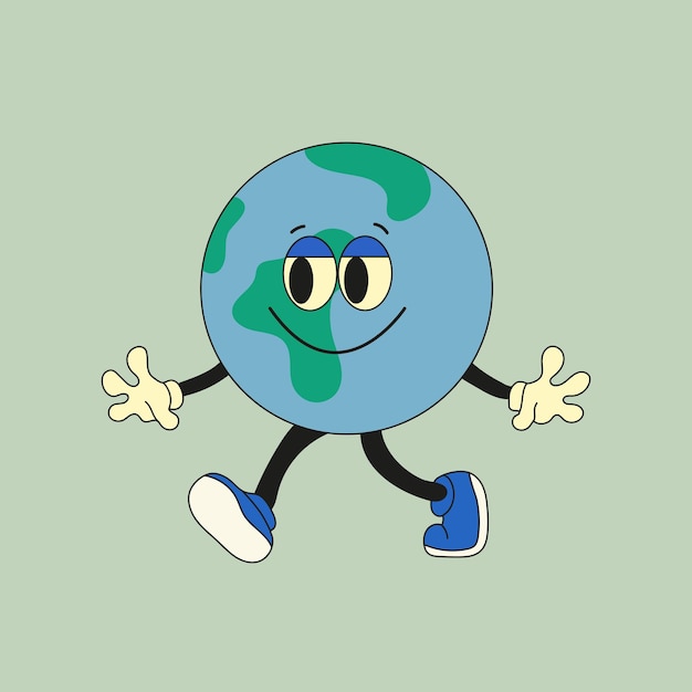 Cute planet earth character Cute earth globe with emotions face hands cap feet in shoes