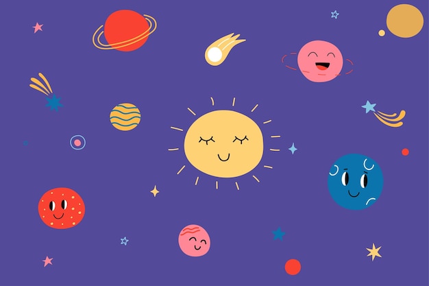 Cute planets set Celestial objects with funny smiling faces sun stars and comets childish outer space background Colorful astronomical objects at night sky vector cartoon isolated set