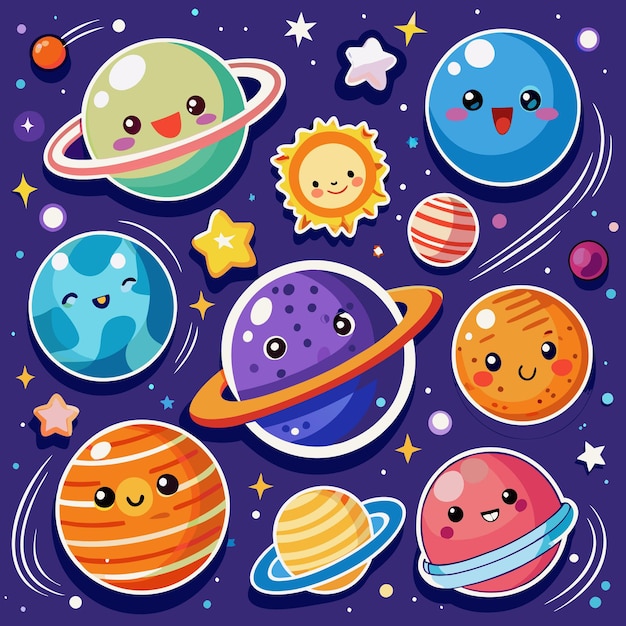 Cute Planets Smiling in Space with Stars and Sun