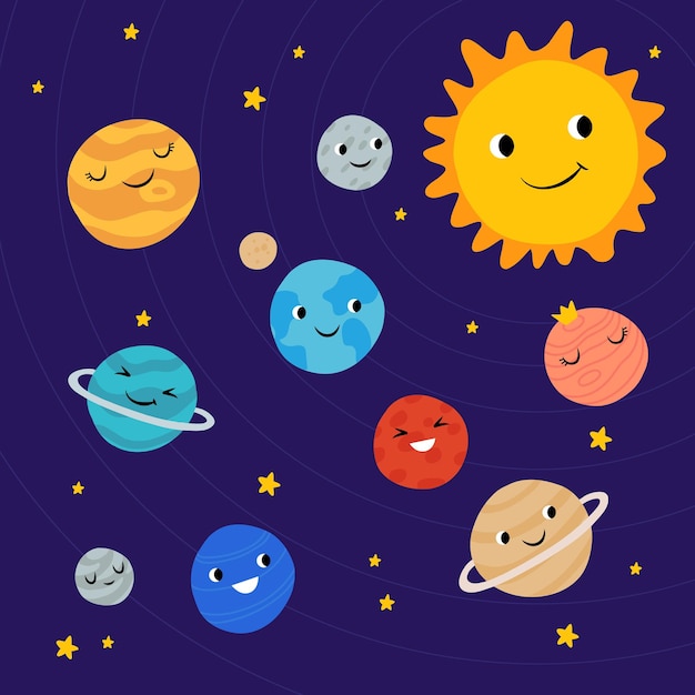 Cute planets of Solar system with happy faces Funny celestial objects in outer space Pretty astronomical bodies orbiting Sun Astronomy for children Childish flat cartoon vector illustration