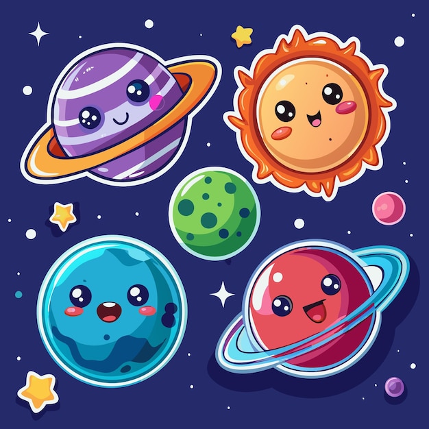 Vector cute planets and sun smiling in space