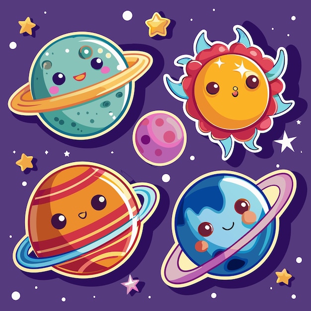 Vector cute planets sun in space with stars