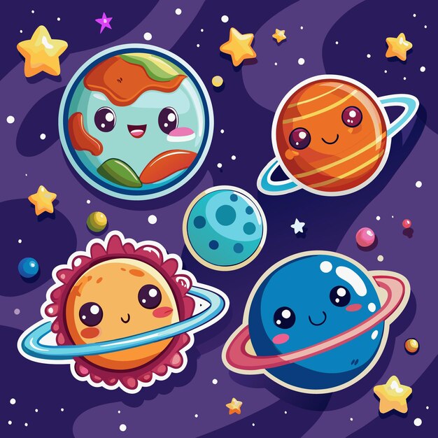 Cute planets with smiling faces and stars in space