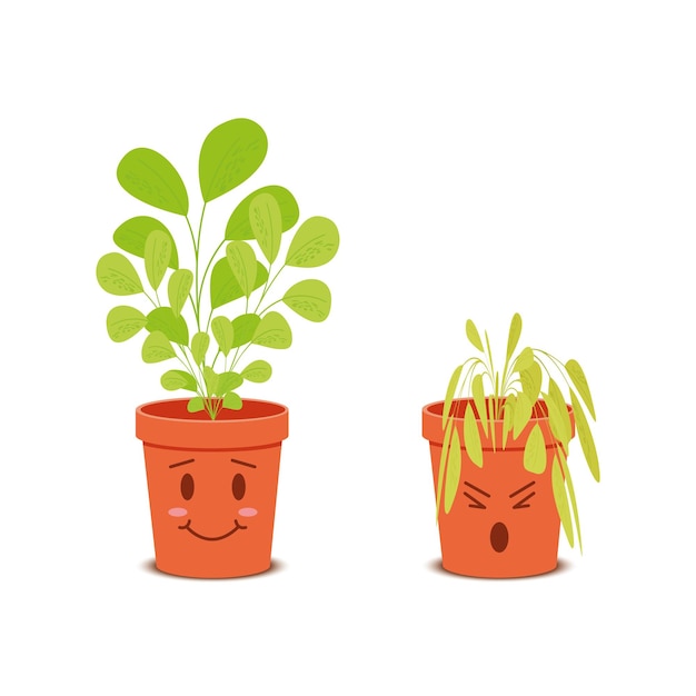 Cute plants in pots characters Happy blossom vs sad wilted flowers