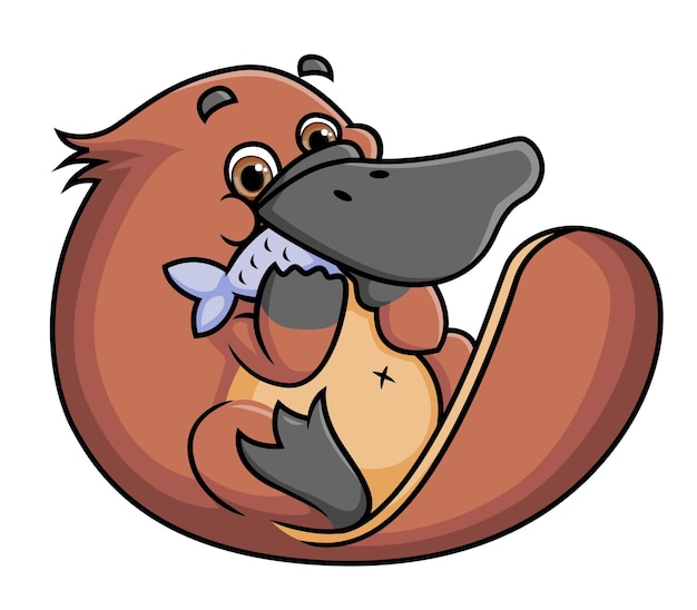 Vector the cute platypus is eating a fish while sitting