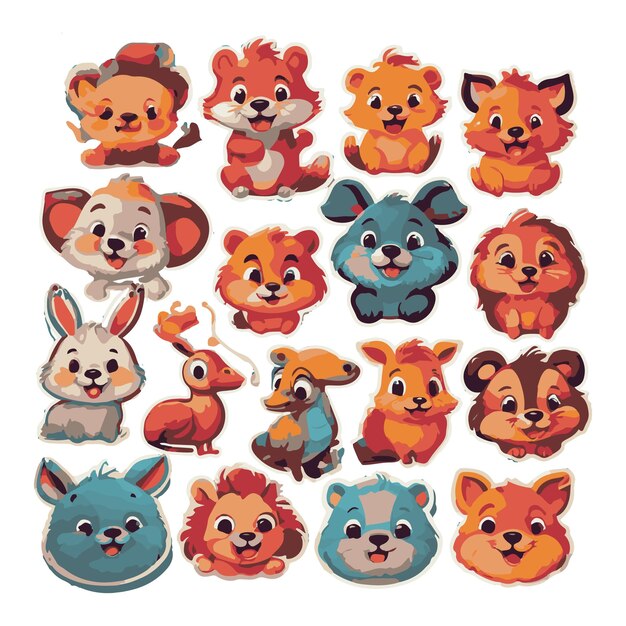 Vector cute and playful cartoon animal stickers with vibrant colors and expressive faces