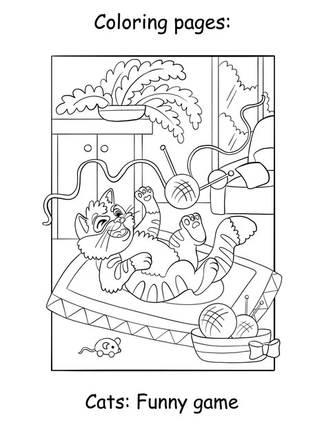 Cute playing kitten kids coloring book page