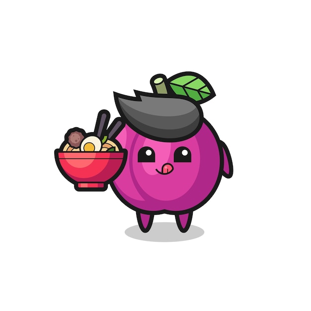 Cute plum fruit character eating noodles