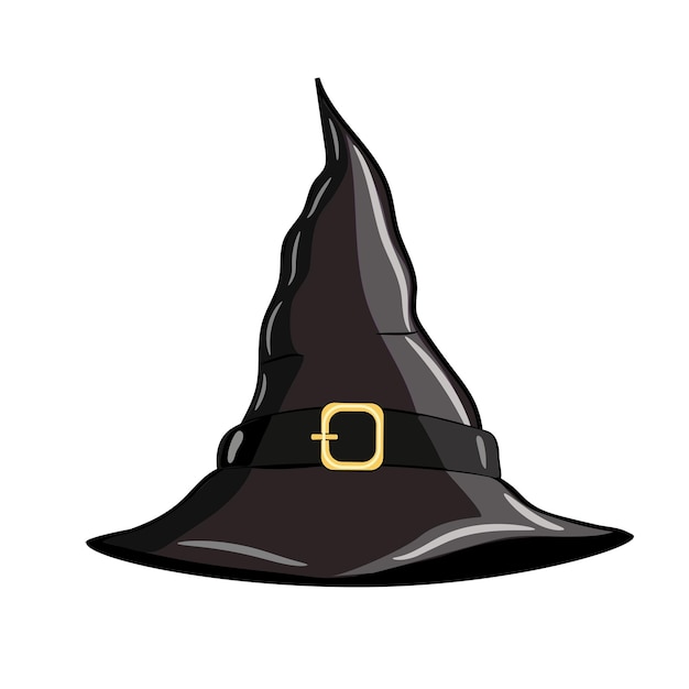 Cute pointed black witch hat with gold buckle isolated on a white background