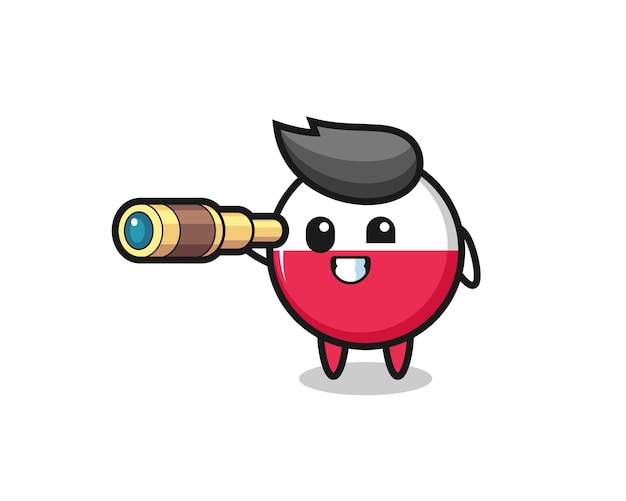 Cute poland flag badge character is holding an old telescope