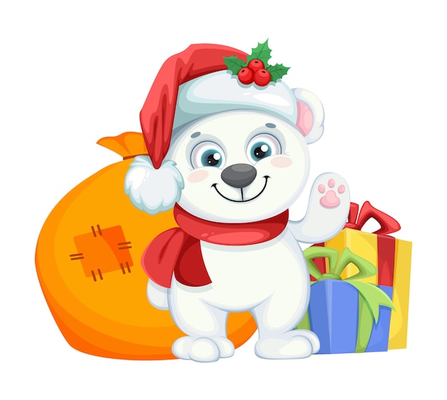 Cute polar bear cartoon character standing with presents