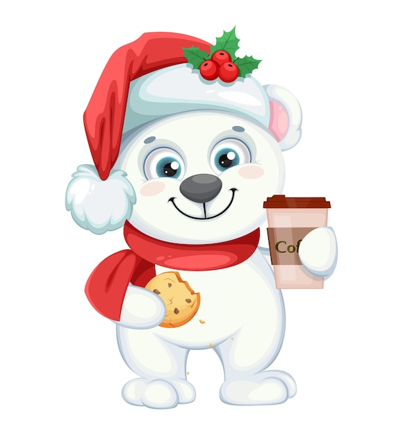 Cute polar bear cartoon character with coffee and cookie