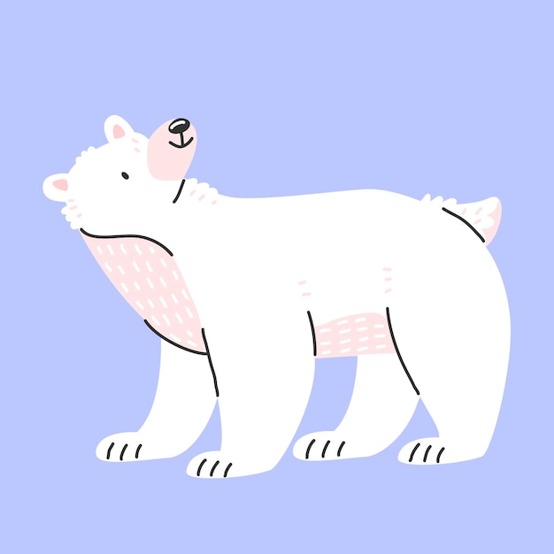 Cute polar bear in cartoon style stands and looks up Vector isolated illustration with an animal