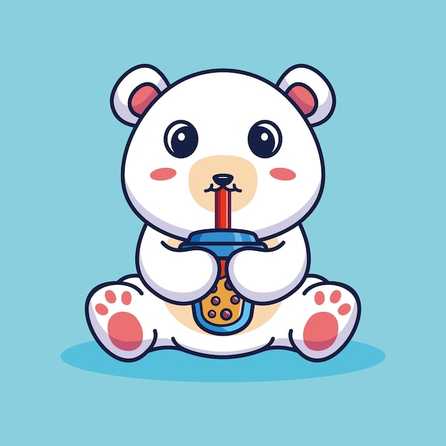 Cute polar bear drinking with boba ice tea cartoon vector illustration