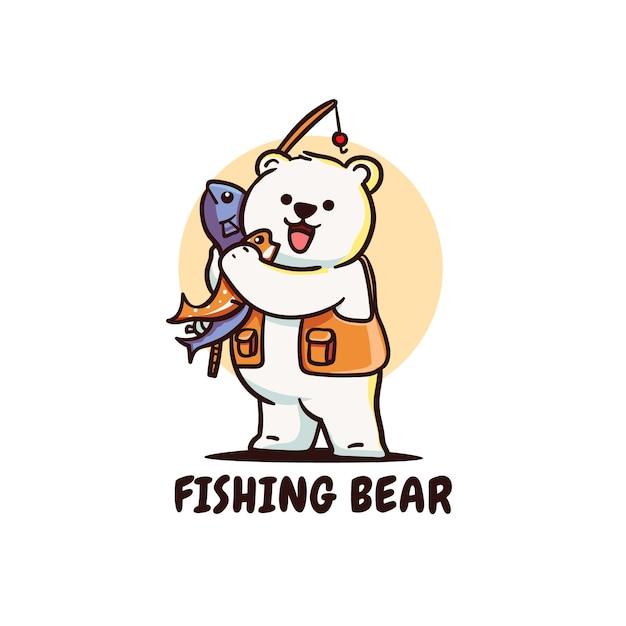 Cute Polar Bear Fisher with Fishing Rod Holding Fish Illustration