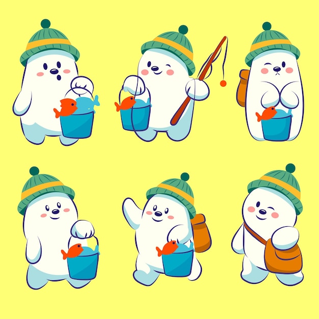 cute polar bear fishing a fish cartoon vector IIlustration with beanie set