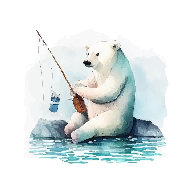 cute polar bear is fishing outdoor funny cartoon watercolor illustration