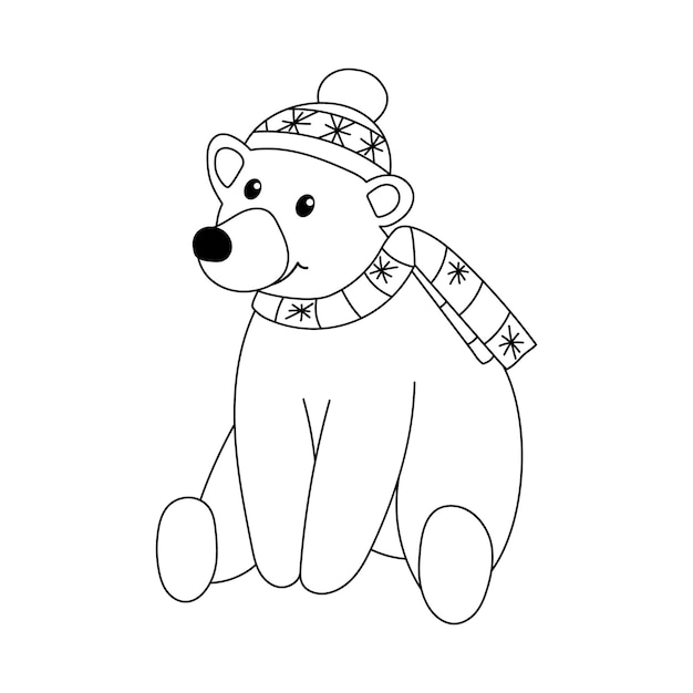 Cute polar bear is sitting in hat and scarf Vector outline woodland animal illustration isolated on white