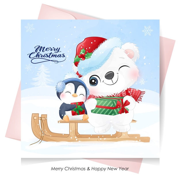 Cute  polar bear and penguin for christmas day with watercolor card