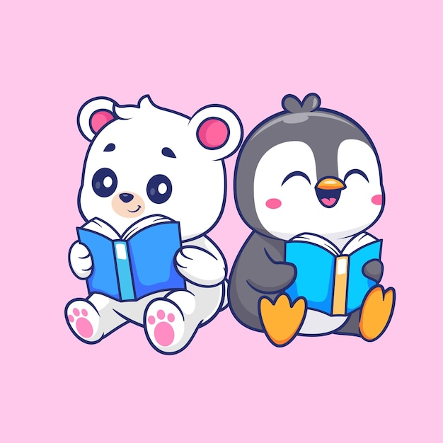 Cute Polar Bear And Penguin Reading Book Cartoon Vector Icon Illustration Animal Education Isolated