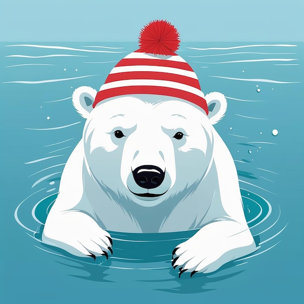 Vector cute polar bear in a striped red hat swims in the water template for merry christmas and new year cards greetings banners or posters