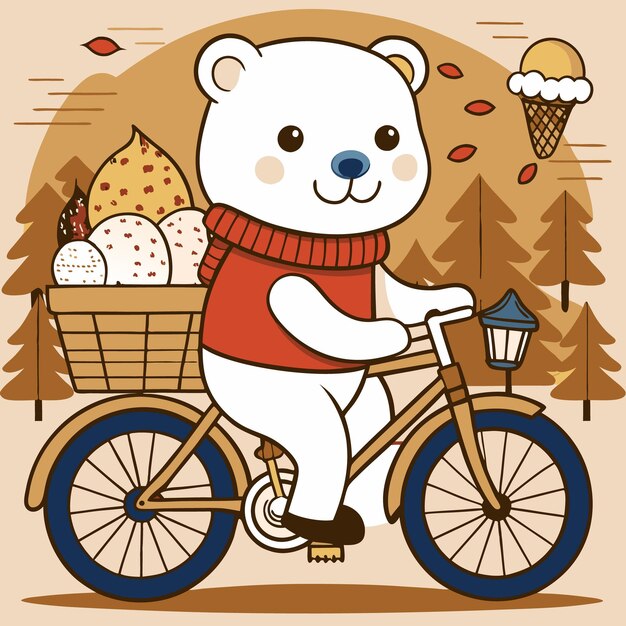 Vector a cute polar bear wearing a red sweater rides a bicycle with a basket full of ice cream cones