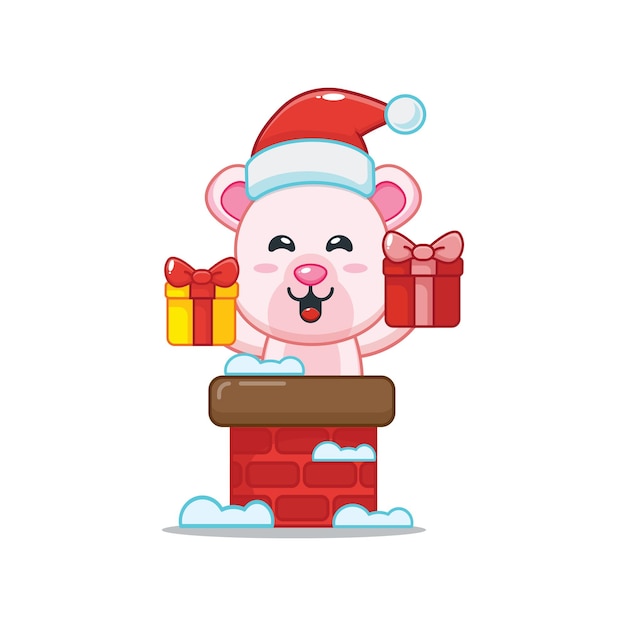 Cute polar bear wearing santa hat out of chimney Cute christmas cartoon illustration