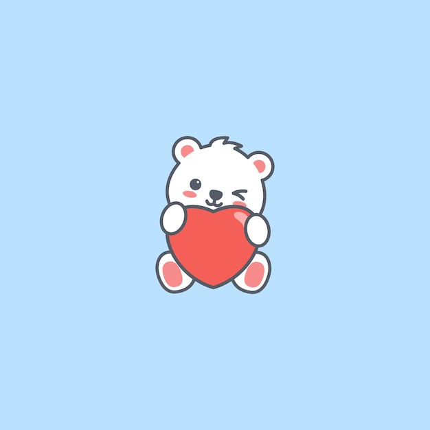 Cute polar bear winking eye with red heart cartoon vector illustration