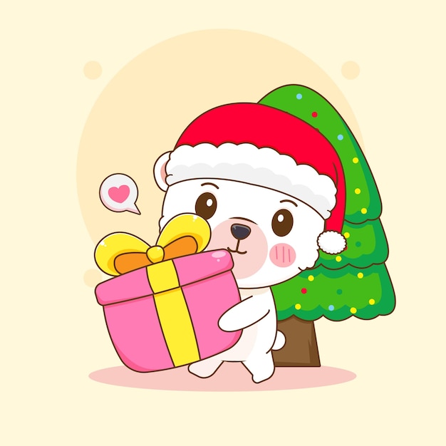 Cute Polar bear with christmas gift cartoon illustration