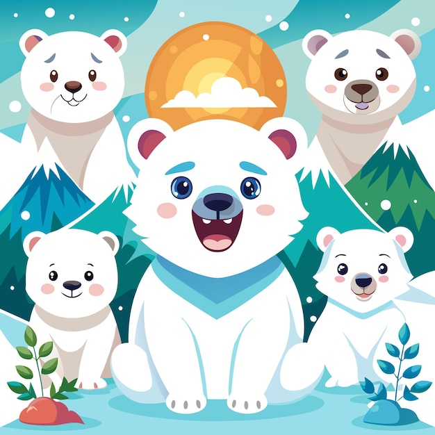 Vector cute polar bears in a colorful snowy landscape with mountains