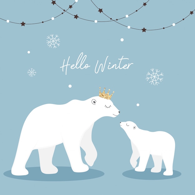 Cute polar bears vector. mother and baby polar bears.