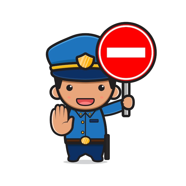 Cute police holding stop sign cartoon icon illustration. Design isolated flat cartoon style