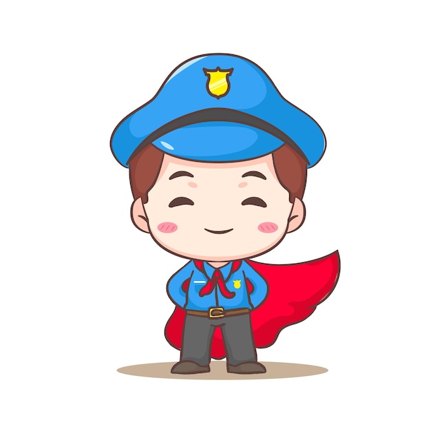 Cute policeman with red cloak as a hero cartoon character People profession concept design