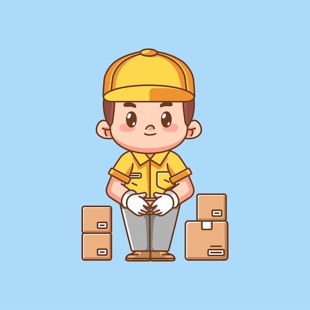 Cute polite male courier package delivery kawaii chibi character mascot illustration outline style