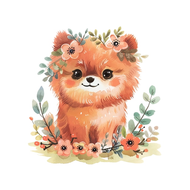 cute pomeranian with flower wreath vector illustration in watercolor style