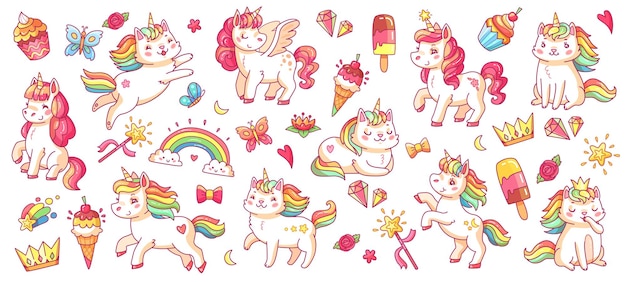 Cute pony and cat unicorns. baby rainbow pegasus and caticorn, diamond and crown, butterfly and magic