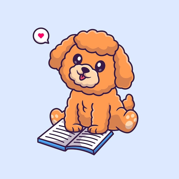 Cute Poodle Dog Reading Book Cartoon Vector Icon Illustration. Animal Education Icon Isolated Flat