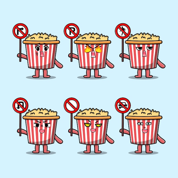 Cute Popcorn cartoon character holding traffic sign illustration in modern 3d style design