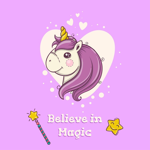 Cute postcard with magical head of unicorn on purple background with hearts. Baby poster.