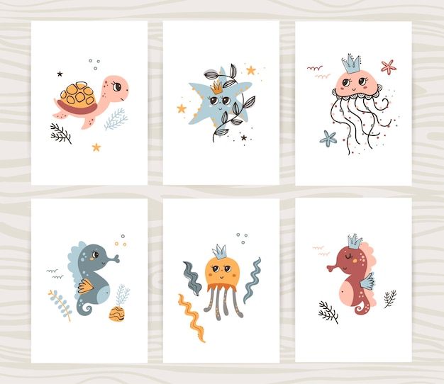 Cute posters collection wuth turtle, jellyfish and seahorse.