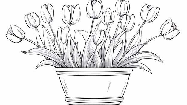 Cute Pot with Tulips Coloring Page for Kids