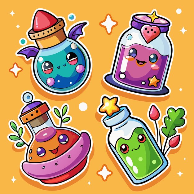 Vector cute potion stickers with adorable faces