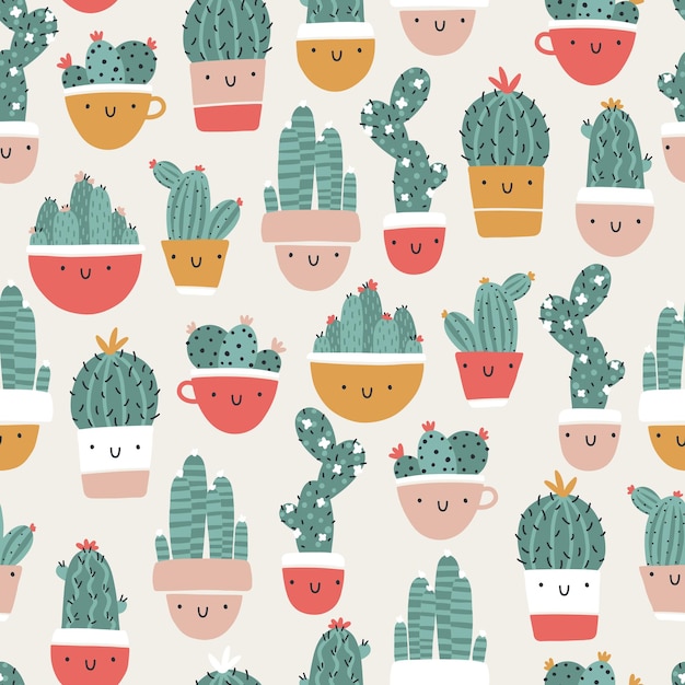 Cute pots with cacti and succulents. Vector seamless pattern. Funny faces are smiling. Trendy hand-drawn Scandinavian cartoon doodle style. Minimalistic pastel palette. For baby textiles, clothing.