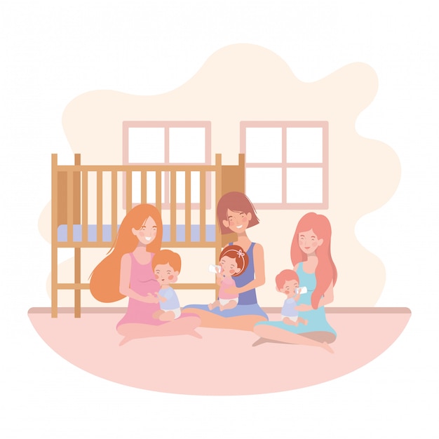 Cute pregnancy mothers seated lifting babies in the room