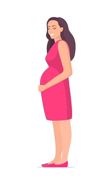 Cute pregnant woman standing and holds hands the big belly Happy beautiful pregnant woman