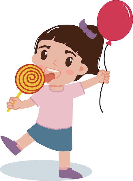 Cute and pretty little girl happy face holding baloon and eating healthy food licking candy lollipop illustration